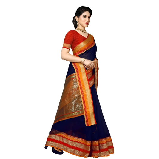 Navy blue Kota Doria saree with rich red-golden border draped neatly in studio setting