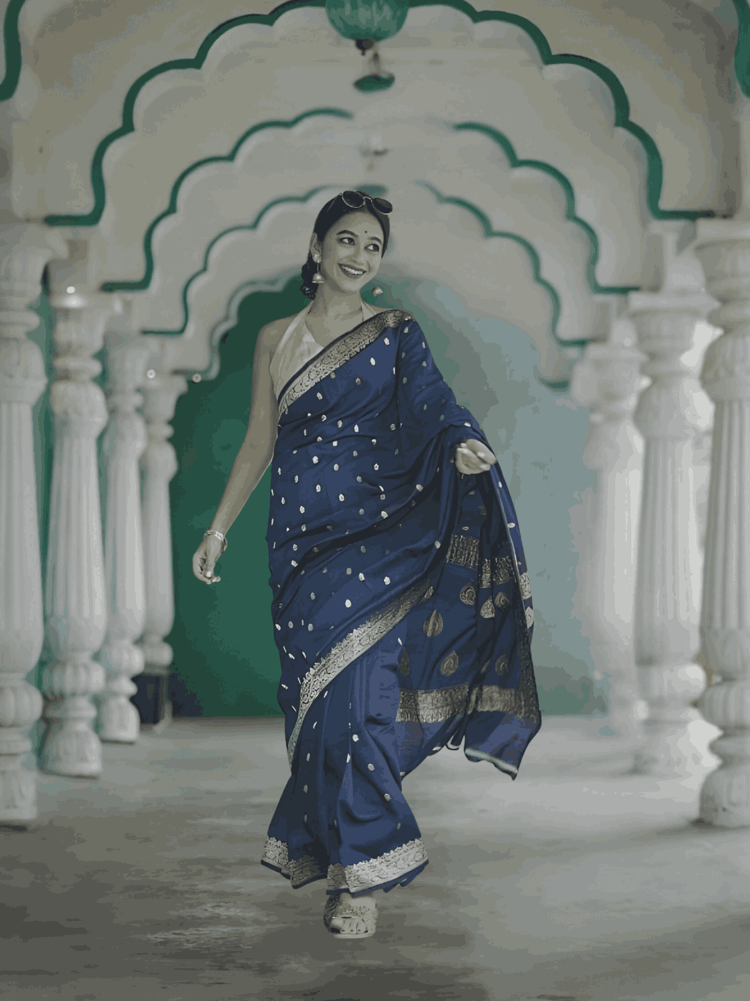 Mid-step shot in palace ambience, storytelling in fabric