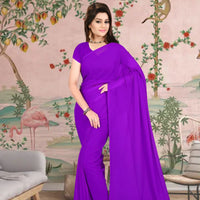  Front view of purple plain georgette saree in elegant setting