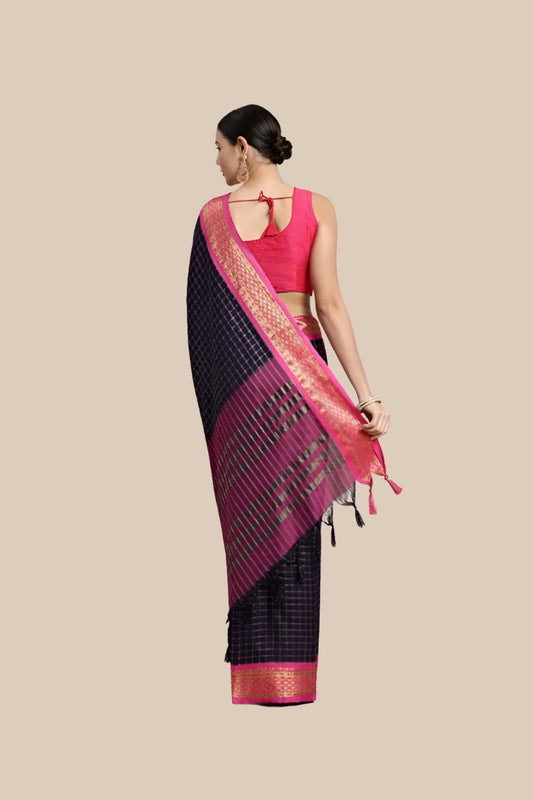 Studio back shot highlighting pallu drape and checkered detailing