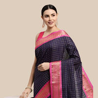 Studio front angle with navy blue saree and blouse pairing