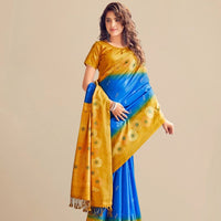 Studio front view showing full saree with color blend and structure