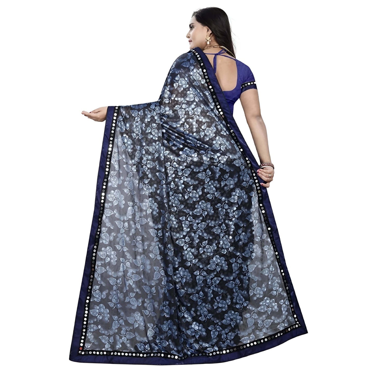 Navy-gold saree flat lay showing  embroidery density