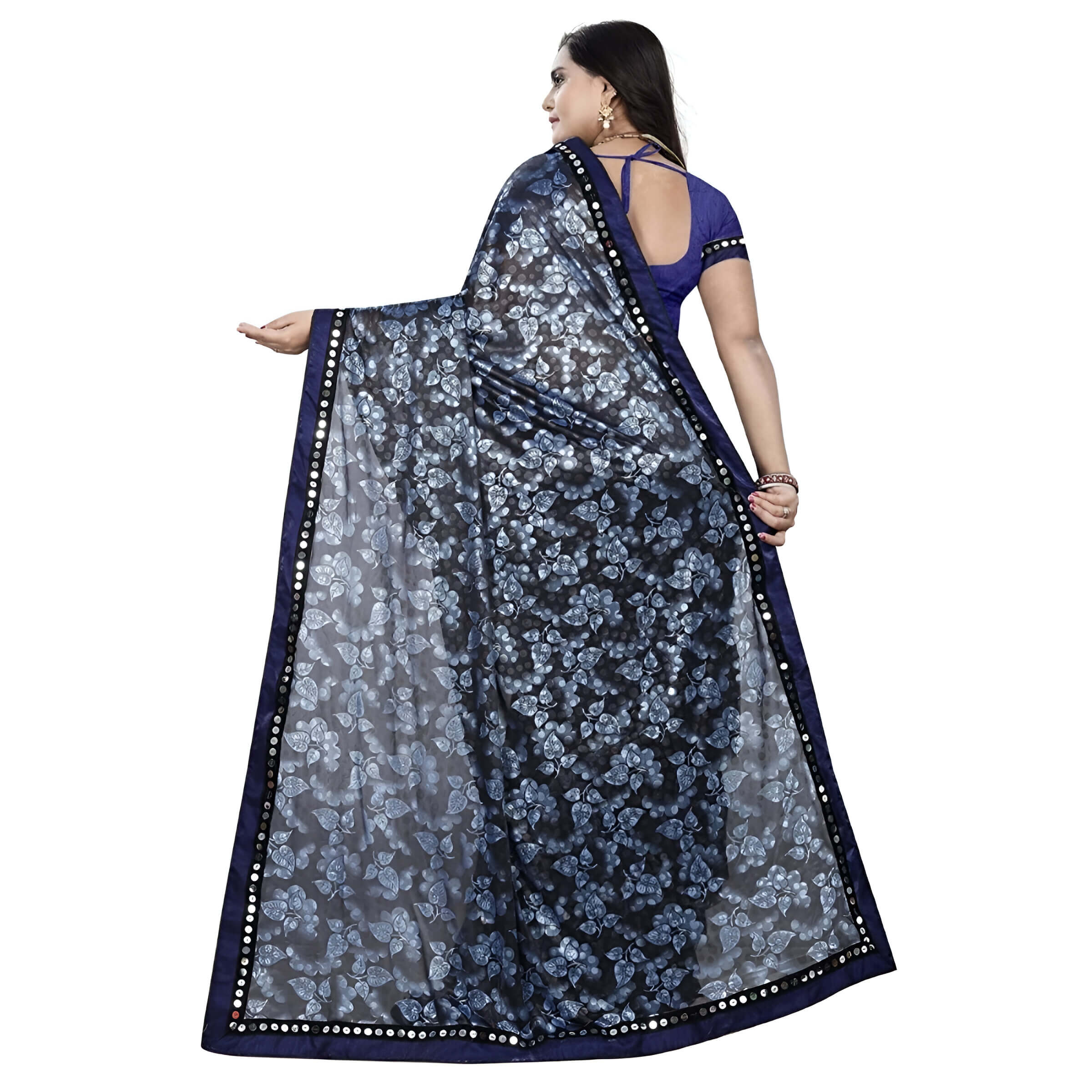 Navy-gold saree flat lay showing  embroidery density