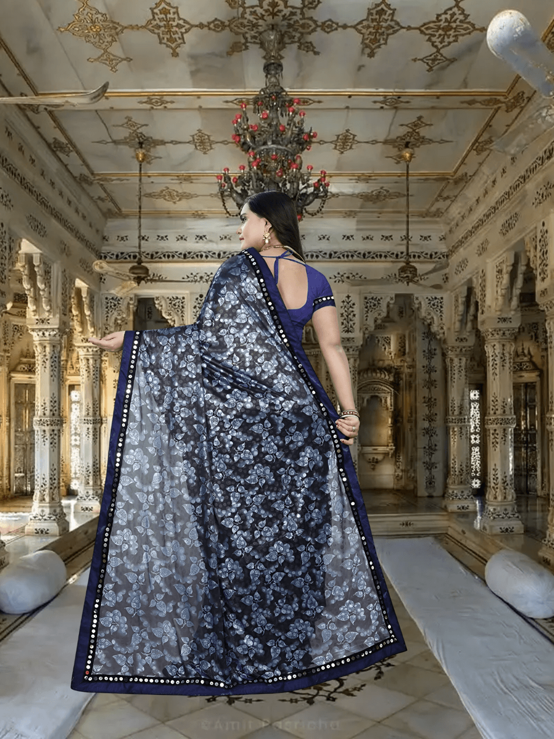 Navy saree glowing like antique jewelry