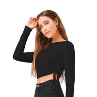 Right studio pose of black women’s full sleeve polyester top