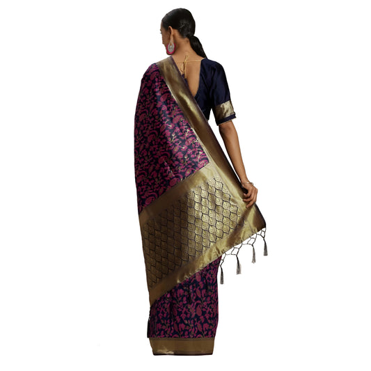 Golden zari pallu of navy pink saree detailed on white background