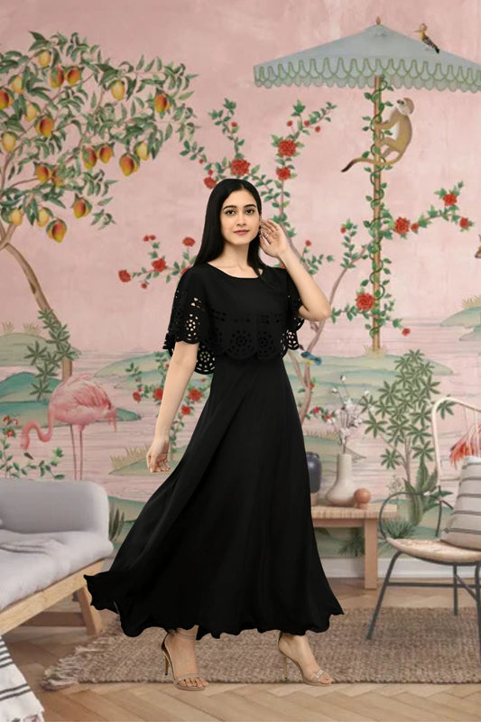 Front view of black sleeveless crepe gown in regal room