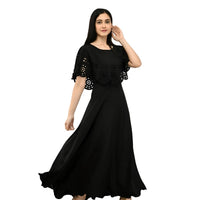 Studio front view of black sleeveless full-length gown