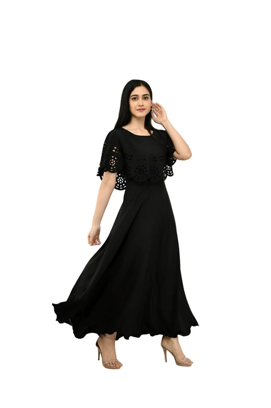 Studio front view of black sleeveless full-length gown