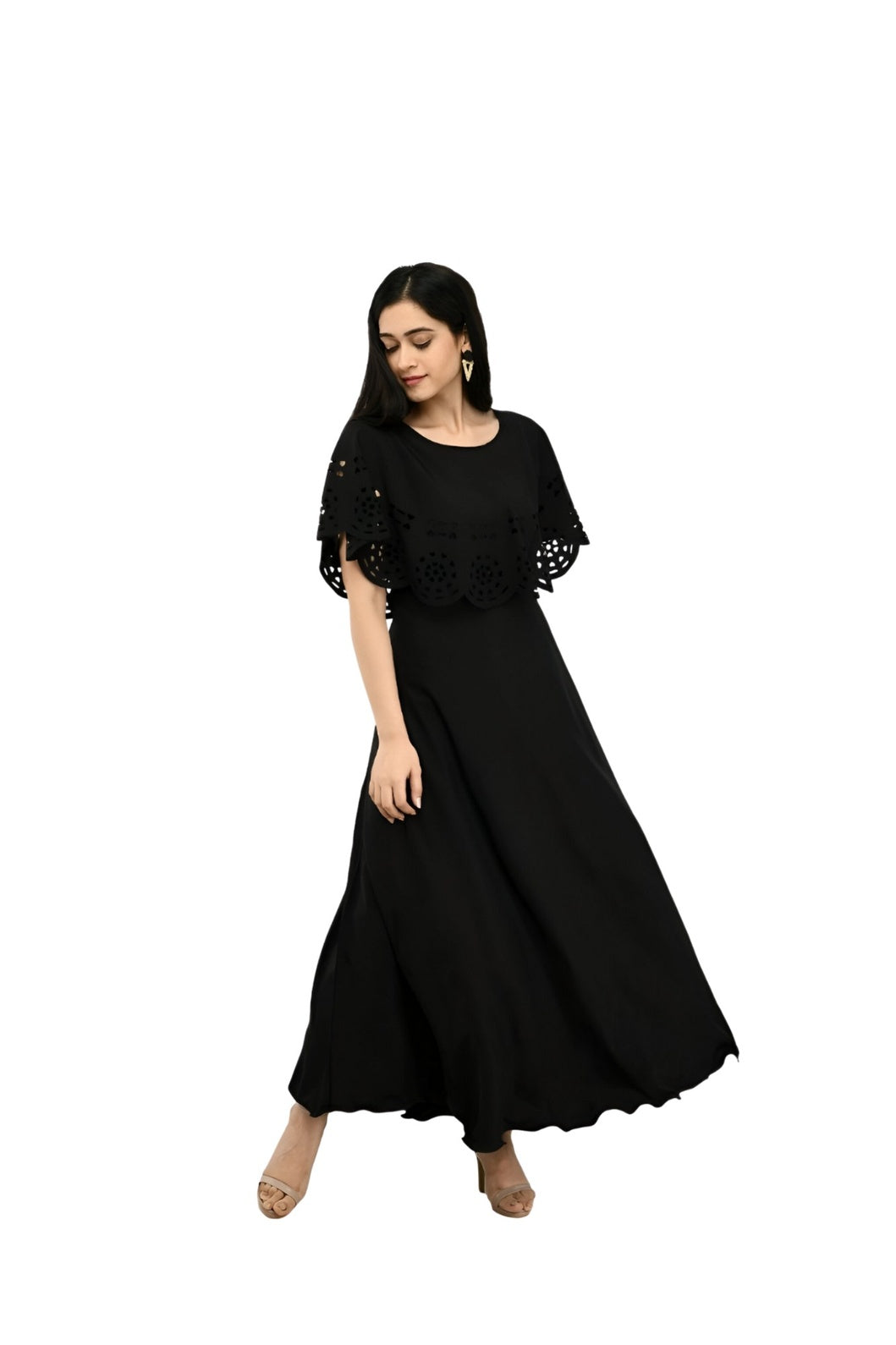 Left angle studio shot of jet black sleeveless gown