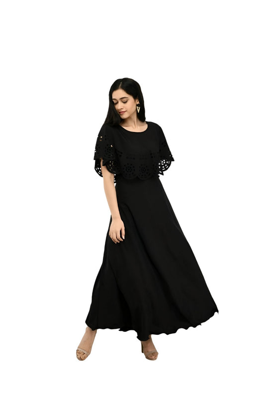Left angle studio shot of jet black sleeveless gown