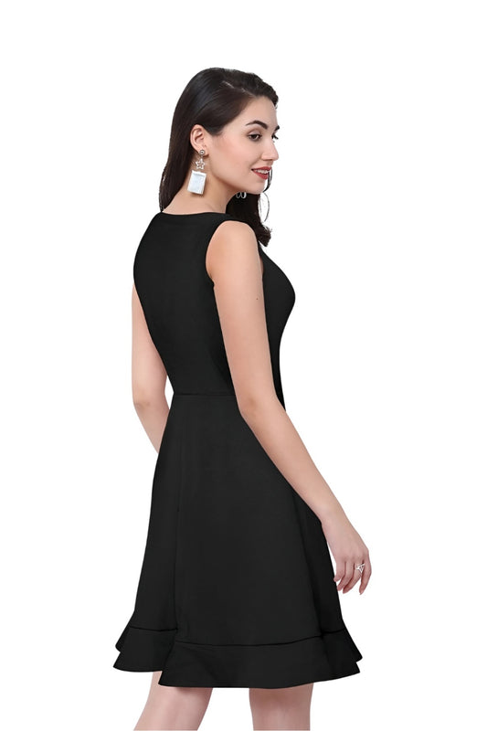 Back view of the Nocturne Bloom sleeveless black round neck dress without background