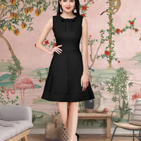 Front view of Celestina’s “Nocturne Bloom” sleeveless black round neck polyester dress