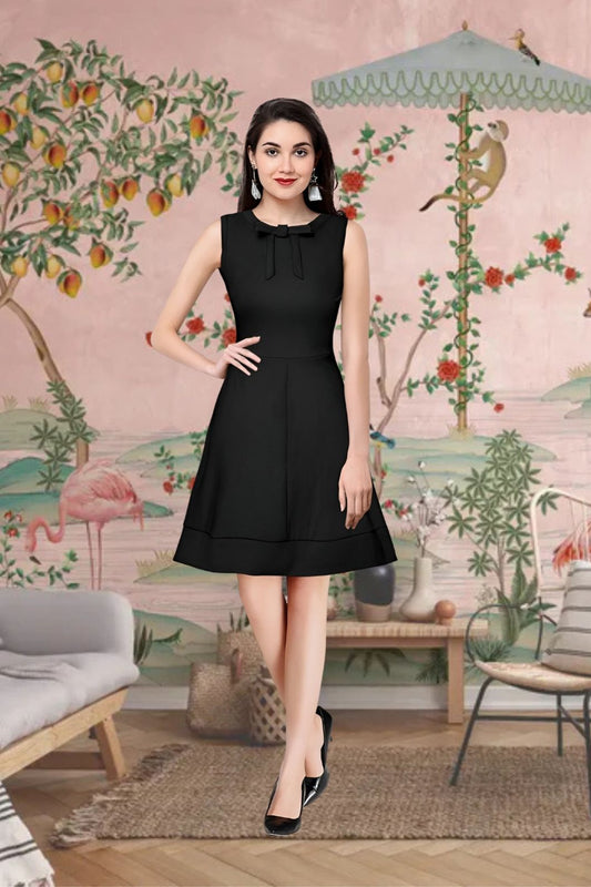 Front view of Celestina’s “Nocturne Bloom” sleeveless black round neck polyester dress