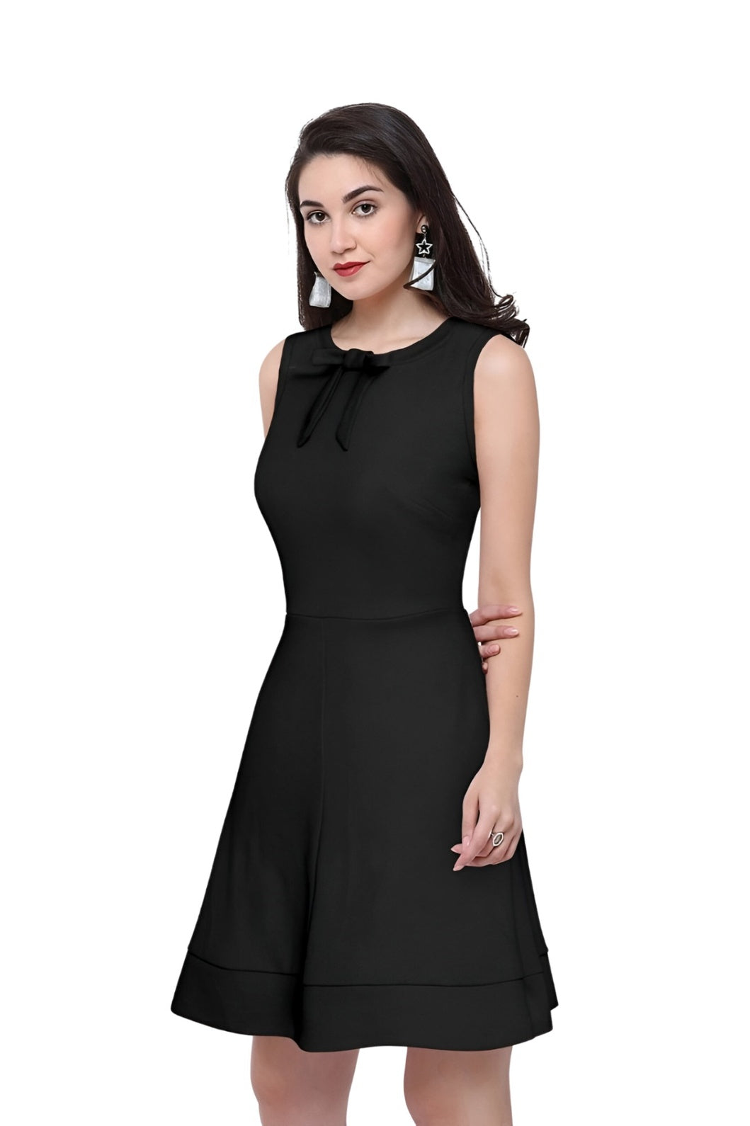 Side profile of the Nocturne Bloom black polyester dress with clean background