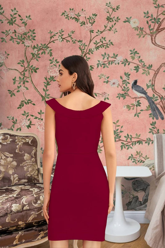 Back profile of the Nocturne Ember maroon bodycon dress with smooth finish