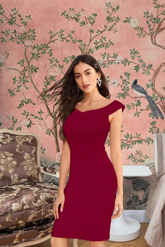 Front view of Celestina’s Nocturne Ember maroon sleeveless knit dress