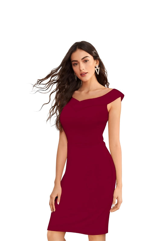 Front-facing view of Nocturne Ember maroon sleeveless knit dress on plain backdrop