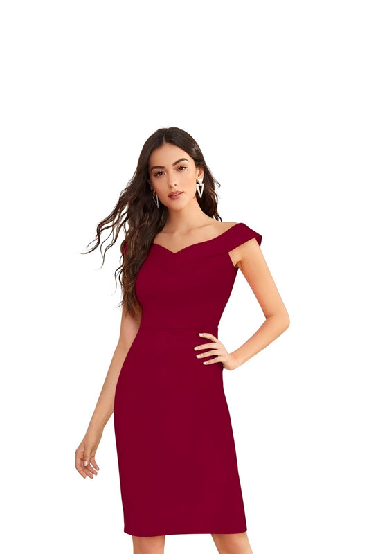 Front-facing view of Nocturne Ember maroon sleeveless knit dress on plain backdrop
