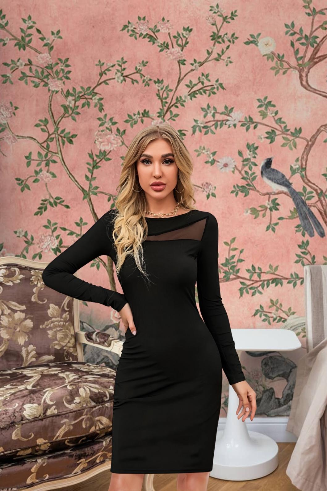 Model wearing Noir Paradox black full sleeve dress – front view with moody lighting