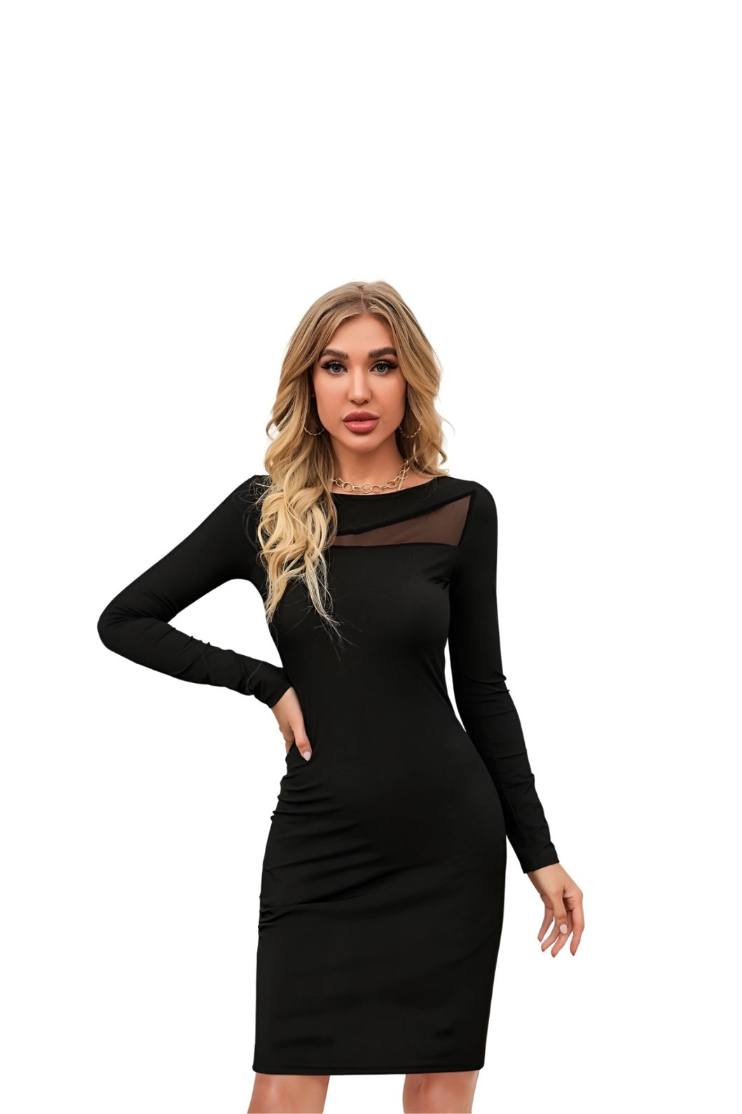 Noir Paradox black bodycon dress – front view on white background