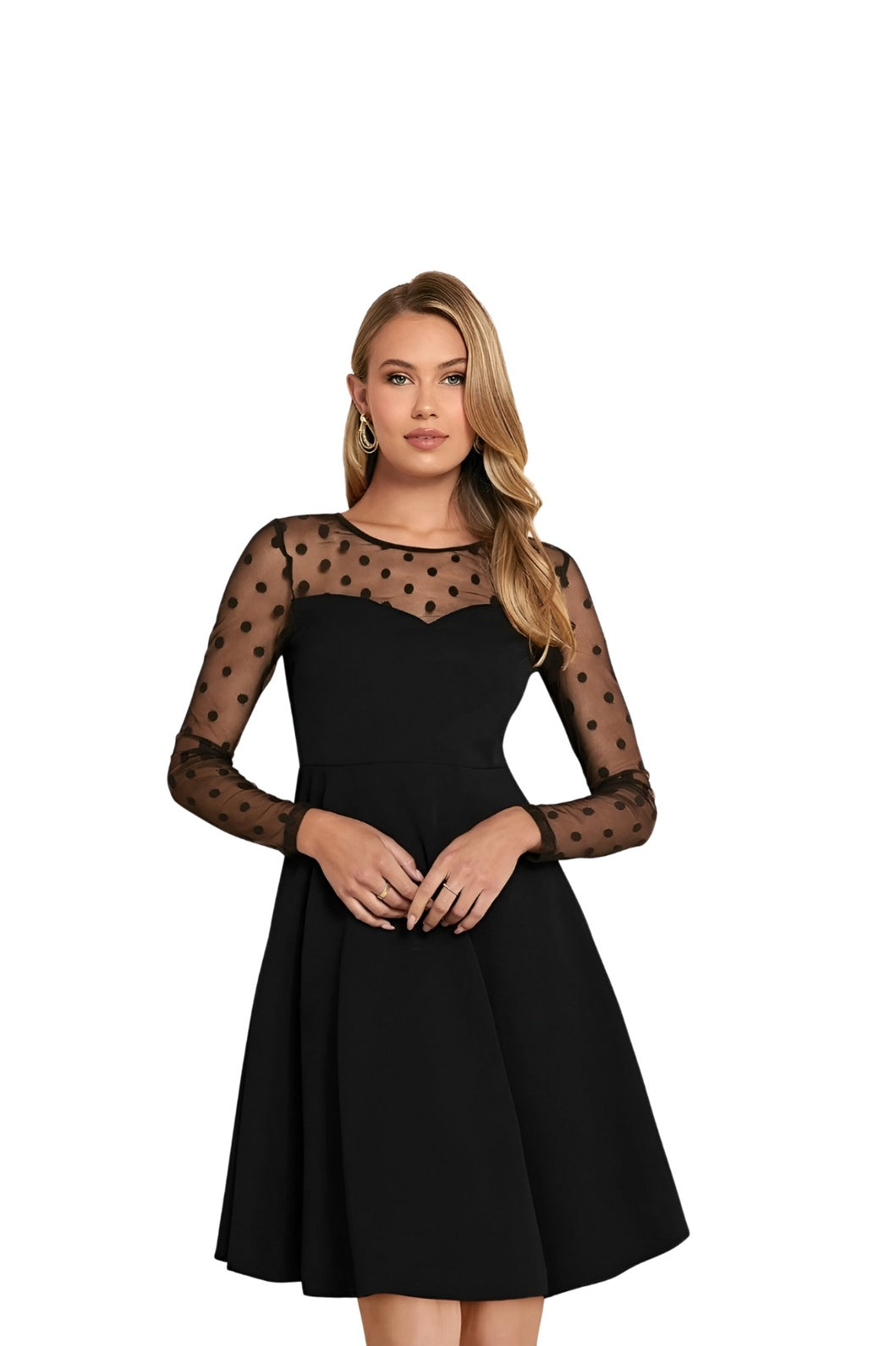 Studio front pose – classic black elegance with sheer neckline