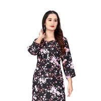 Clean isolated front view of floral black rayon kurti