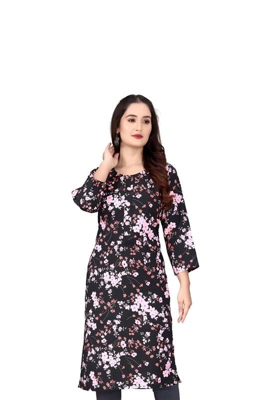 Clean isolated front view of floral black rayon kurti