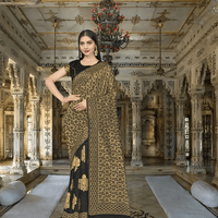 Model elegantly draped in black Banarasi saree with regal posture