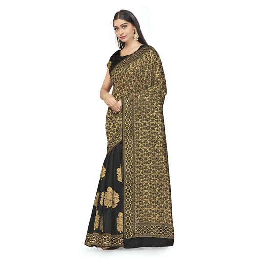 Banarasi silk saree in black with gold motifs draped on model over white backdrop