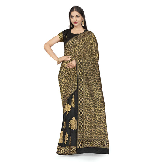 Close-up of golden abstract motifs on deep black Banarasi silk