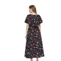  Back view studio image of black floral crepe gown