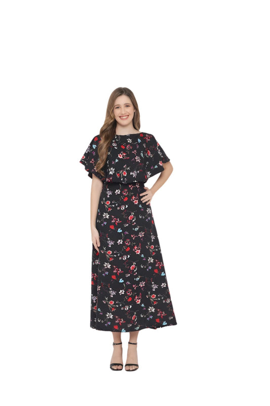  Studio shot front view of black floral CELESTINA gown
