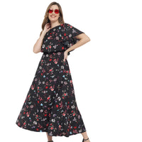 Studio shot front view of black floral CELESTINA gown