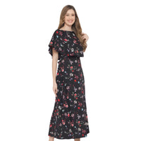 Side profile studio view of CELESTINA floral gown in black