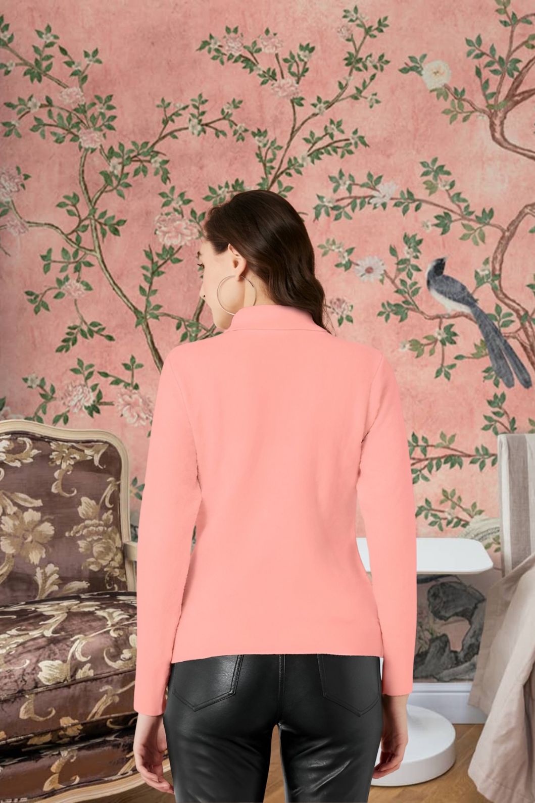  Back view of CELESTINA peach polyester high-neck top