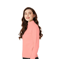  Right side studio shot of peach high-neck women's t-shirt