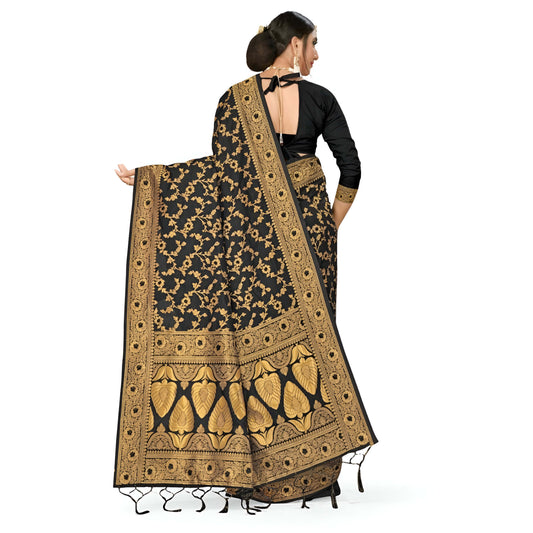 Black Banarasi saree flat lay, gold floral details visible on white background