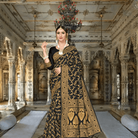 Model in motion: gold flowers on black silk appearing to shimmer