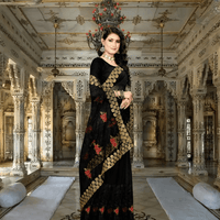 Back drape cascading like a gothic cathedral’s shadow, border sharp as cut paper