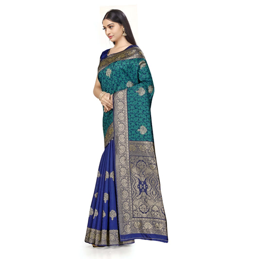 Macro of gold Ramayana-inspired motifs on dual-tone silk
