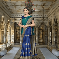 Macro of gold Ramayana-inspired motifs on dual-tone silk