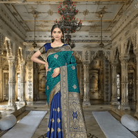 Blue-to-green gradient saree gold borders like lightning