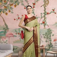 Front view of olive checkered saree in royal indoor setting