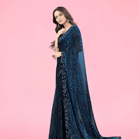 Liquid black border on navy saree – luxury trim detail