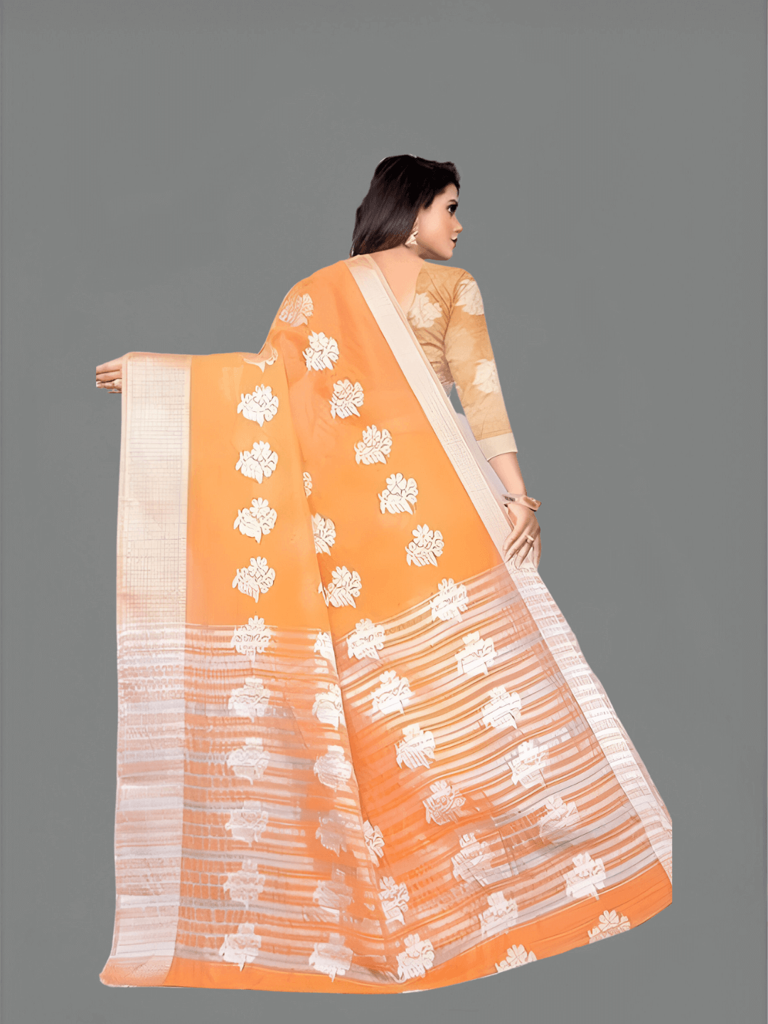Vibrant orange cotton silk saree with gold zari border - handwoven festive wear for weddings