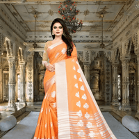 Handwoven orange cotton silk saree with gold zari border for weddings