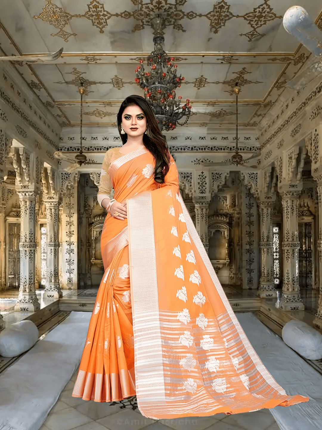 Handwoven orange cotton silk saree with gold zari border for weddings