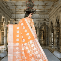 Traditional drape style for orange cotton silk saree with pleated pallu